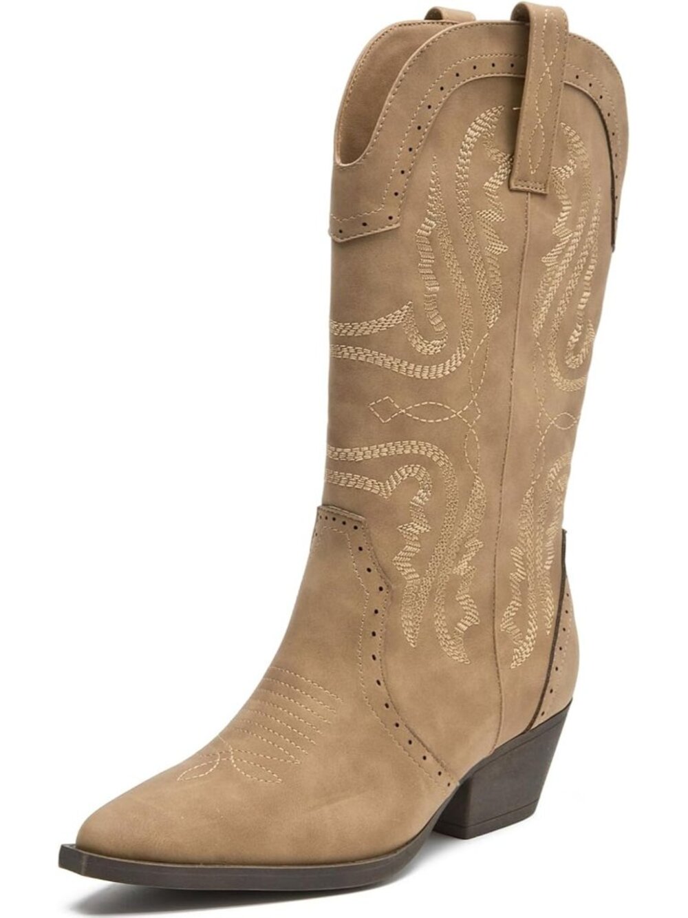 Women’s  Yellow Brown Cowboy Boots Mid Calf Embroidered Pointed Toe Block Heel